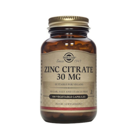 Solgar Zinc Citrate 30mg Συμπλήρωμα Κιτρικού Ψευδάργυρου, 100 Φυτικές Κάψουλες