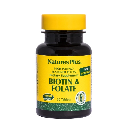 Natures Plus Biotin & Folate Συμπλήρωμα διατροφής με βιταμίνες του συμπλέγματος Β 30 ταμπλέτες
