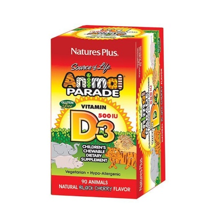 Natures Plus Animal Parade Vitamin D3 Ζωάκια Βιταμίνης D3 για Παιδιά με γεύση κεράσι 90 μασώμενες ταμπλέτες