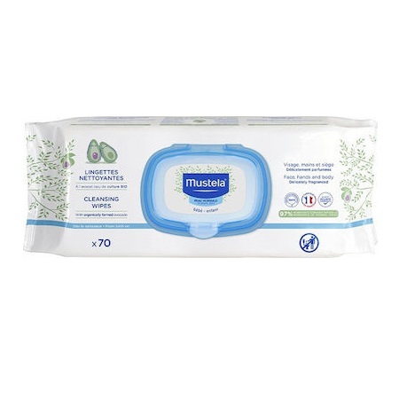 Mustela Avocado Cleansing Wipes Μαντηλάκια Καθαρισμού Προσώπου Χεριών & Σώματος για Βρέφη 70 Τεμάχια