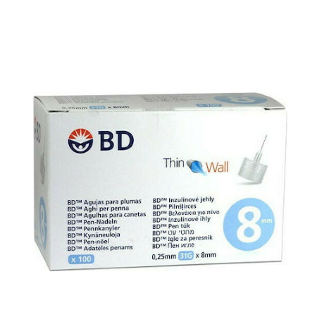 BD Thin Wall Αποστειρωμένες Βελόνες για Πένες Ινσουλίνης 31G 0.25 x 8mm 100 τεμάχια