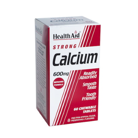 Health Aid Calcium Strong 600mg, Ασβέστιο Μασώμενο 600mg με Βιταμίνη D & Φρουκτοολιγοσακχαρίτες 60 Μασώμενες Ταμπλέτες