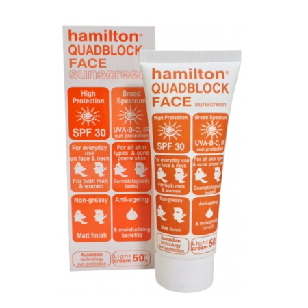 Hamilton Quadblock Face SPF30 Non Greasy Sunscreen Light Cream Αντιηλιακή Κρέμα Προσώπου 50gr