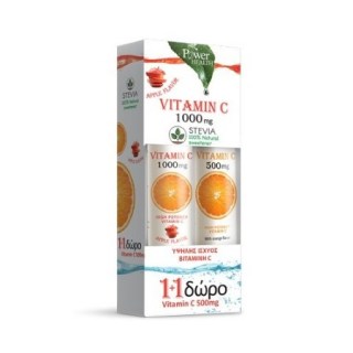 Power Health PROMO PACK Vitamin C Stevia Apple Flavor Συμπλήρωμα Διατροφής Βιταμίνης C 1000mg 24 αναβράζοντα δισκία + ΔΩΡΟ 500mg 20 αναβράζοντα δισκία