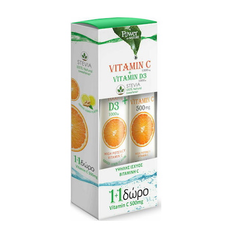 Power Health Vitamin C 1000mg και D3 1000iu Stevia σε 24 αναβράζοντα δισκία γεύση Τζίντζερ Λεμόνι & Δώρο Vitamin C 500mg 20 αναβράζοντα δισκία