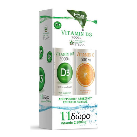 Power Health Power Health Βιταμίνη D3 2000iu με Στέβια (20 Αναβρ. Δισκία) & VitaminC 500mg Πορτοκάλι (20 Αναβρ. Δισκία)