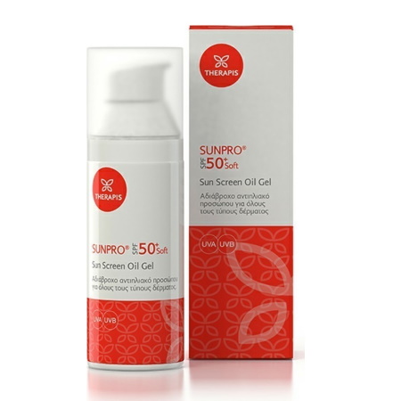 Therapis Sunpro SPF50+ Soft Sun Screen Oil Gel Αδιάβροχο Αντιηλιακό Προσώπου 50ml