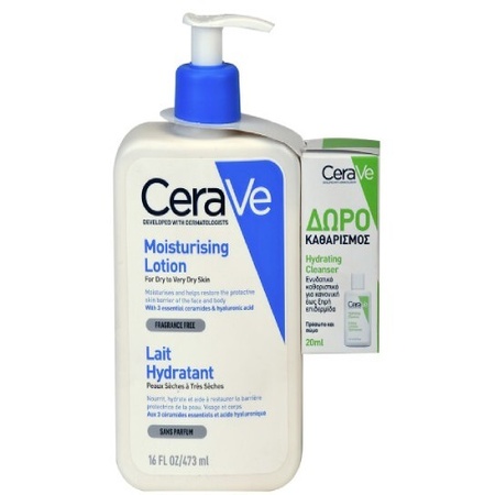 Cerave Moisturising Lotion Ενυδατικό Γαλάκτωμα για Ξηρό & Πολύ Ξηρό Δέρμα 473ml & ΔΩΡΟ Hydrating Cleanser 20ml