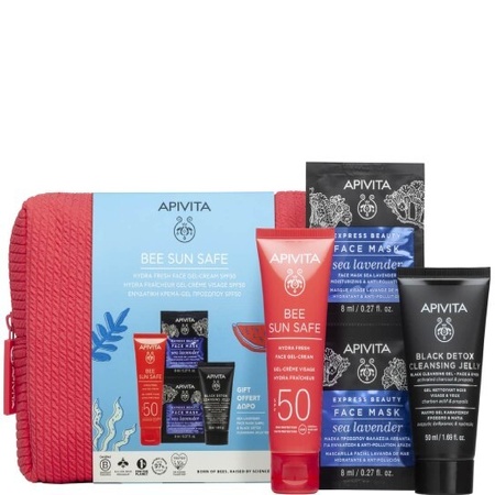 Apivita Promo Bee Sun Safe Hydra Fresh Gel Cream Eνυδατική Κρέμα Gel Προσώπου SPF50+ & Black Detox Cleansing Jelly Μαύρο Gel Kαθαρισμού & Express Beauty Face Mask Sea Lavender Μάσκα Προσώπου Θαλάσσια Λεβάντα