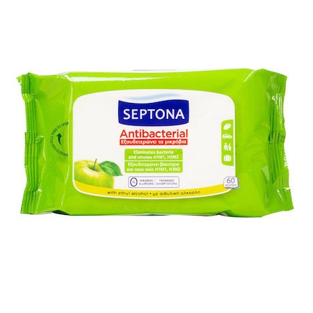 Septona Antibacterial Αντιβακτηριακά Μαντηλάκια με Άρωμα Πράσινο Μήλο 60 Τεμάχια