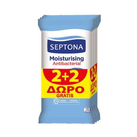 Septona Antibacterial Moisturising Αντιβακτηριακά Μαντηλάκια Χεριών με Ενυδατική Δράση Travel Size 60 Τεμάχια 2+2 ΔΩΡΟ