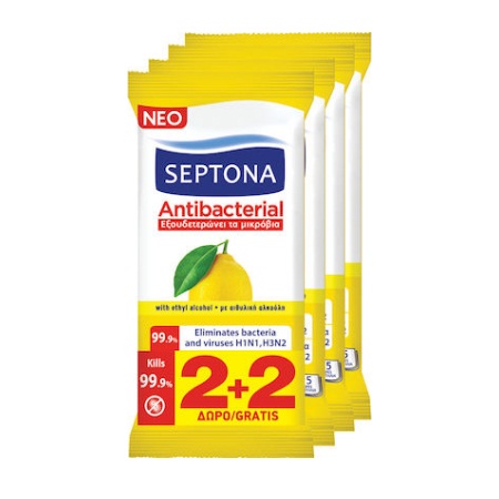Septona Antibacterial Hand Wipes Lemon Αντιβακτηριδιακά Μαντηλάκια Χεριών Λεμόνι 4x 15 Τεμάχια 2+2 Δώρο