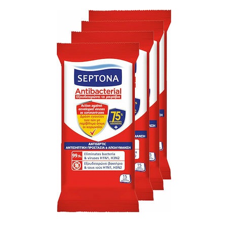 Septona Πακέτο Antibacterial Μαντηλάκια Με Αιθυλική Αλκοόλη 75% 15 Τεμάχια 2+2 Δώρο