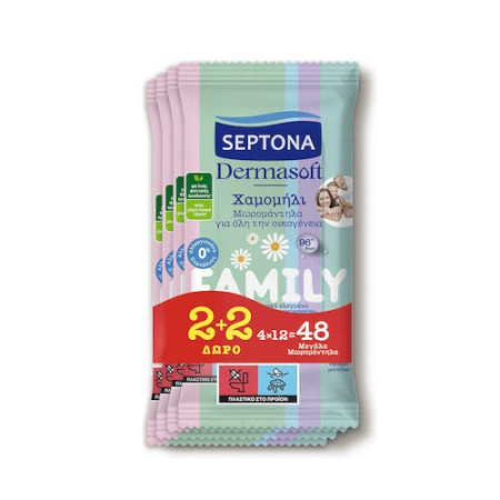 Septona Family Μωρομάντηλα χωρίς Οινόπνευμα & Parabens με Χαμομήλι 4x12 τεμάχια