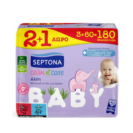 Septona Μωρομάντηλα με Aloe Vera Calm N' Care Aloe Vera χωρίς Οινόπνευμα & Parabens Συσκευασία με Αυτοκόλλητο 3x60 τεμάχια