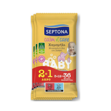 Septona Calm N' Care Chamomile Μωρομάντηλα χωρίς Οινόπνευμα & Parabens με Χαμομήλι & Aloe Vera 3x12 τεμάχια