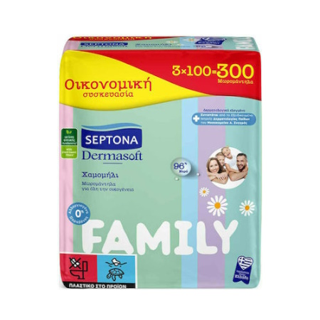 Septona Dermasoft Chamomille Family Μωρομάντηλα χωρίς Οινόπνευμα & Parabens με Χαμομήλι 3x100 τεμάχια