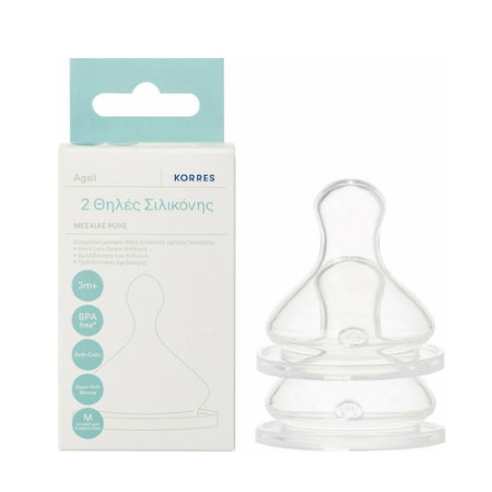 Korres Baby Agali Silicone Teats Θηλές Σιλικόνης Μεσαίας Ροής για μωρά από 3+ μηνών 2 τεμάχια