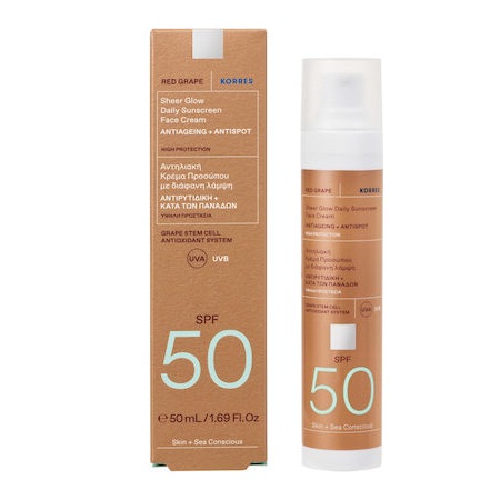 Korres Red Grape Sheer Glow Daily Sunscreen Face Cream Antiageing & Antispot Αντηλιακή Κρέμα Προσώπου Με Διάφανη Λάμψη Κατά των Πανάδων SPF50 50ml