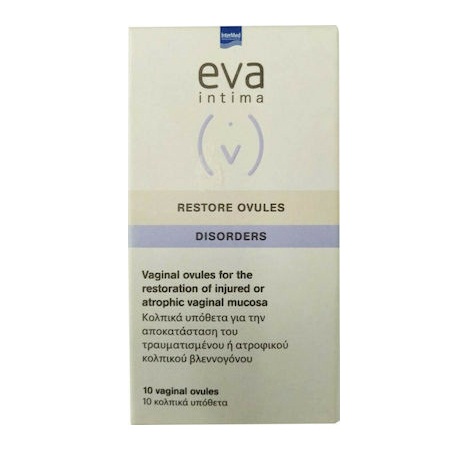 Intermed Eva Intima Restore Ovules Κολπικά Υπόθετα για την Αποκατάσταση του Τραυματισμένου ή Ατροφικού Κολπικού Βλεννογόνου 10 κολπικά υπόθετα