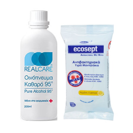 Real Care Οινόπνευμα Καθαρό 95ο 200ml + ΔΩΡΟ Ecosept Αντιβακτηριακά Υγρά Μαντηλάκια με Λεμόνι 15τεμάχια