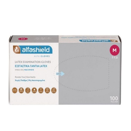 Karabinis Medical Alfashield Alfa Gloves Εξεταστικά Γάντια Λάτεξ Μέγεθος Medium Λευκό Χρώμα Χωρίς Πούδρα 100 Τεμάχια