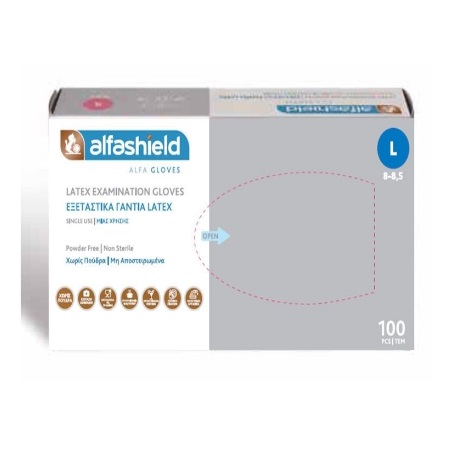 Karabinis Medical Alfashield Alfa Gloves Εξεταστικά Γάντια Λάτεξ Μέγεθος Large Λευκό Χρώμα Χωρίς Πούδρα 100 Τεμάχια