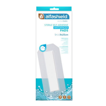 Alfashield Sterile Self Adhesive Waterproof Pads Αδιάβροχα Αποστειρωμένα Αυτοκόλλητα Επιθέματα 9cm x 25cm 5 τεμάχια