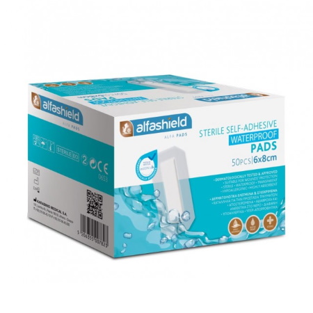 Alfashield Sterile Self-Adhesive Waterproof Pads 6x8cm Αποστειρωμένο Αυτοκόλλητο Αδιάβροχο Επίθεμα 50 τεμάχια