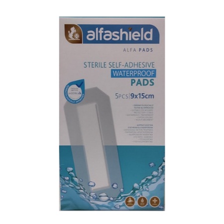 Alfashield Sterile Self Adhesive Waterproof Pads Αδιάβροχα Αποστειρωμένα Αυτοκόλλητα Επιθέματα 9cm x 15cm 5 Τεμάχια