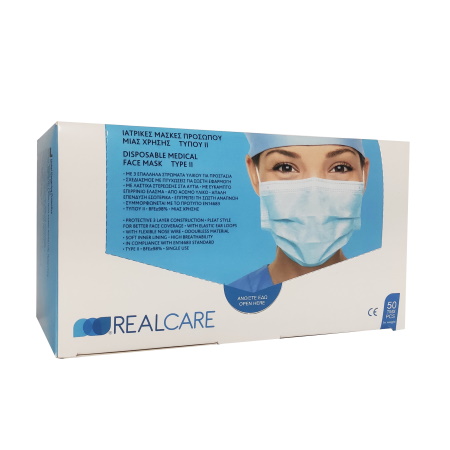 Real Care Ιατρικές Μάσκες Προσώπου μιας Χρήσης με Λάστιχο 3-ply Type II BFE 98% 50 τεμάχια