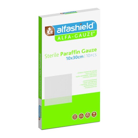 Alfashield Sterile Paraffin Gauze Αποστειρωμένη Γάζα Παραφίνης 10cm X 30cm 10 Τεμάχια