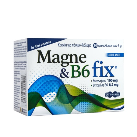 Uni-Pharma Magne & B6 Fix Μαγνήσιο και Βιταμίνή Β6 με Γεύση Βατόμουρου 30 φακελίσκοι