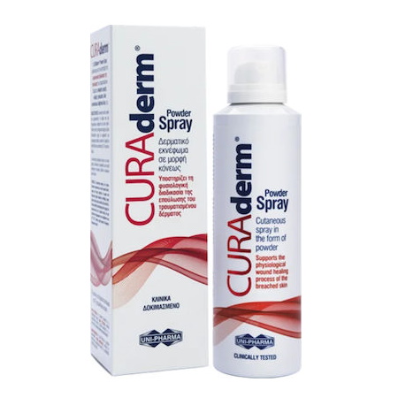 Uni-Pharma Curaderm Powder Spray Υποστηρίζει τη Φυσιολογική Διαδικασία της Επούλωσης του Τραυματισμένου Δέρματος 125ml