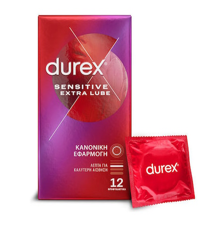 Durex Sensitive Extra Lube Λεπτά Προφυλακτικά με Έξτρα Λιπαντικό 12 Τεμάχια