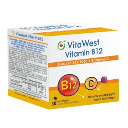 WestMed VitaWest Vitamin B12 1000μg Vitamin C Συμπλήρωμα Διατροφής με Βιταμίνες Β12 και C 30 Φακελίσκοι