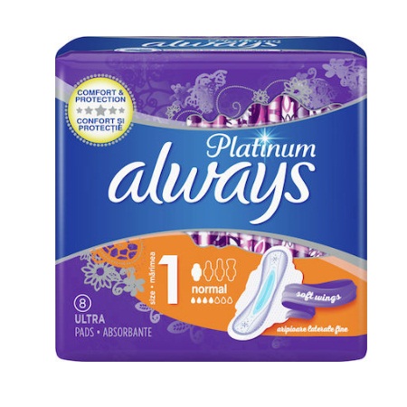 Always Ultra Platinum Normal Comfort & Protection Soft Wings Σερβιέτες με Φτερά Size 1 8 Τεμάχια