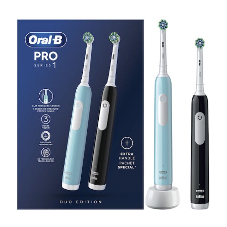 OralB Pro1 Series Duo Edition Ηλεκτρική Οδοντόβουρτσα με Χρονόμετρο και Αισθητήρα Πίεσης 1 Μαύρη Λαβή + ΔΩΡΟ 1 Γαλάζια Λαβή