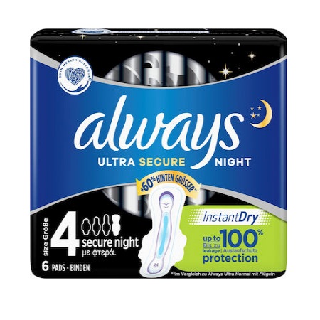 Always Ultra Secure Night No.4 60% Larger Back Σερβιέτες Νυχτός με Φτερά Μέγεθος 4 6 Τεμάχια