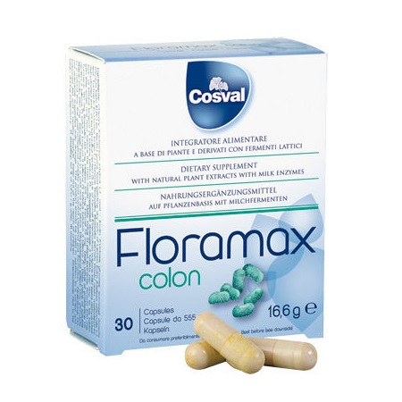 Cosval Floramax Colon Συμπλήρωμα διατροφής με προβιοτικά και φυτικά εκχυλίσματα που συμβάλλει στην εξισορρόπηση της γαστρεντερικής κινητικότητας και των φλεγμονών του εντέρου 30 κάψουλες