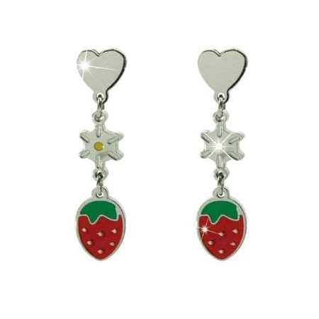 Medical Jewels Υποαλλεργικά Σκουλαρίκια Ασημένια Καρδιά με Κρεμαστή Κόκκινη Φράουλα 1 Ζευγάρι