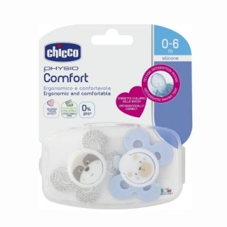 Chicco Πιπίλα Σιλικόνης Physio Comfort Χρώμα Σιέλ/Καφέ από 0-6m 2τμχ & Θήκη