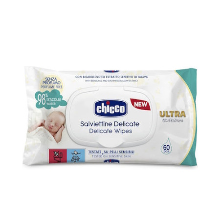 Chicco Delicate Ultra Soft & Pure Μωρομάντηλα χωρίς Οινόπνευμα & Άρωμα 60 τεμάχια